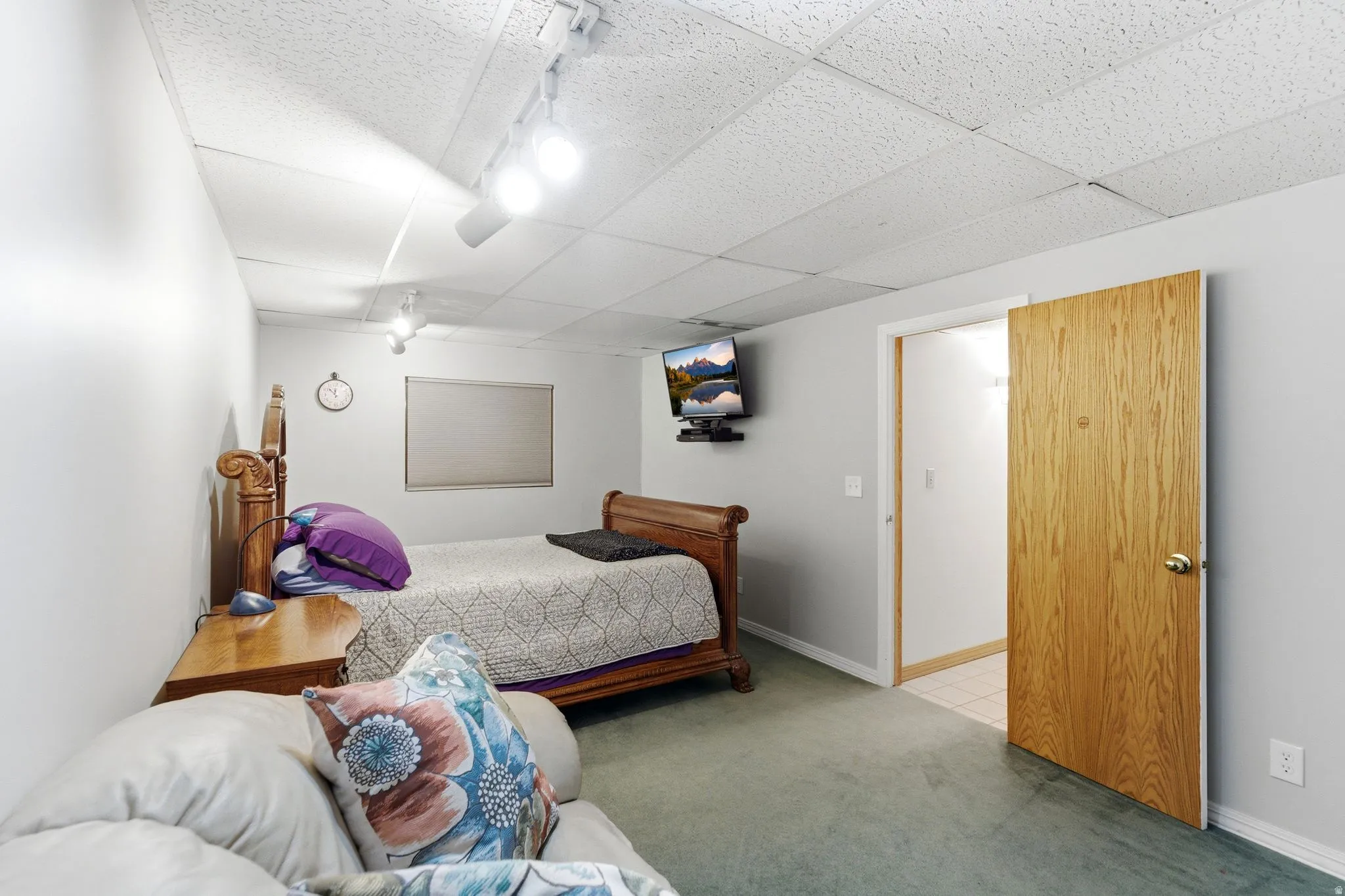 Bedroom featuring rail lighting, light colored carpet, and a drop ceiling