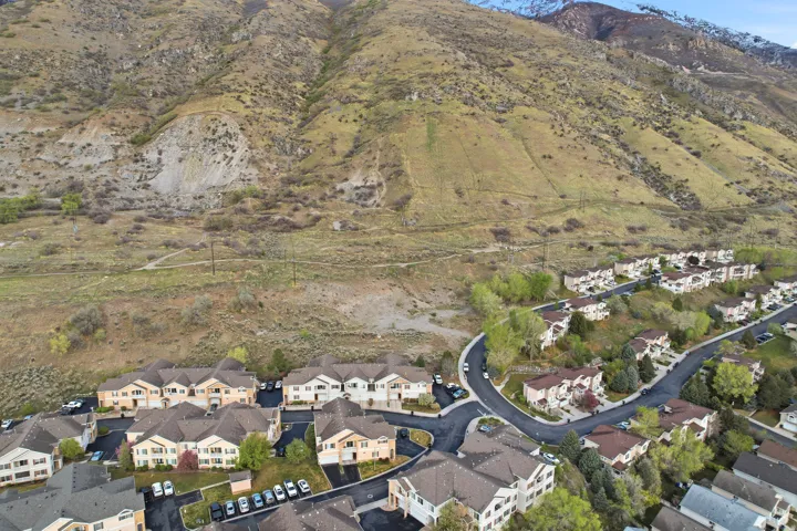 Aerial perspective of suburban area with mountains