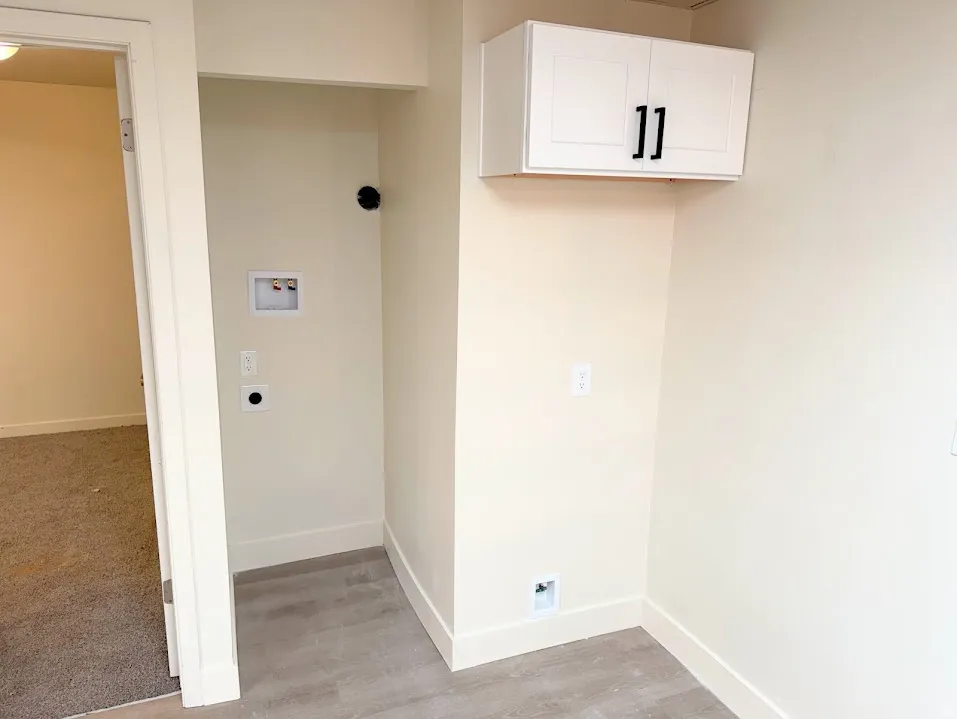 Dedicated laundry area featuring a white shaker-style wall cabinet with matte black hardware, utility hookups, and wood-finish flooring