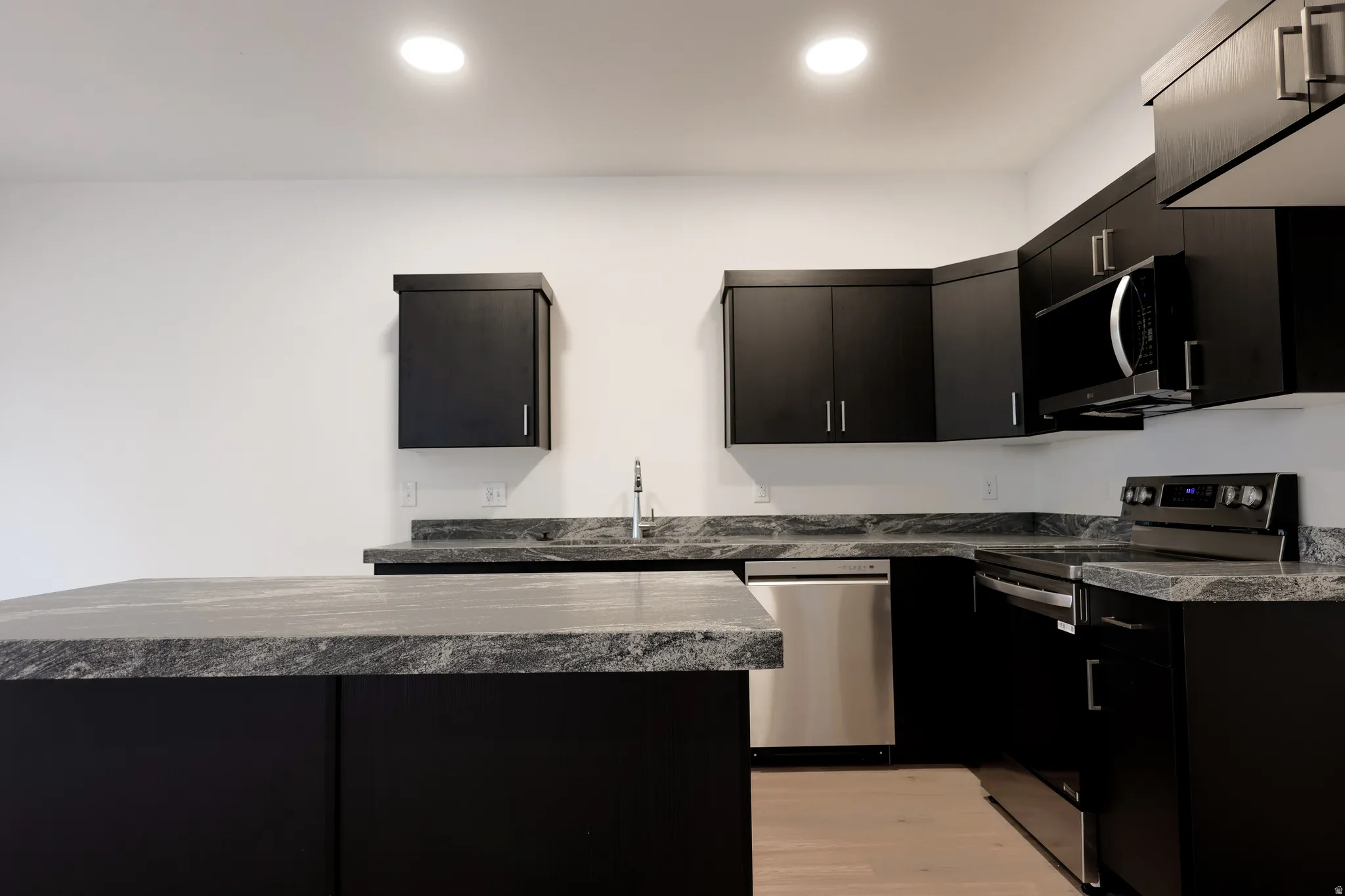 Kitchen featuring dark cabinetry, stainless steel appliances, light wood finished floors, recessed lighting, and modern cabinets