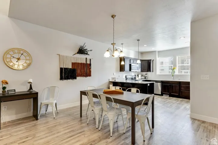 Dining space featuring hanging lights and light wood-style floors