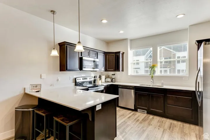 Kitchen featuring a peninsula, a breakfast bar area, dark wood finish cabinets, stainless steel appliances, and light wood-style flooring