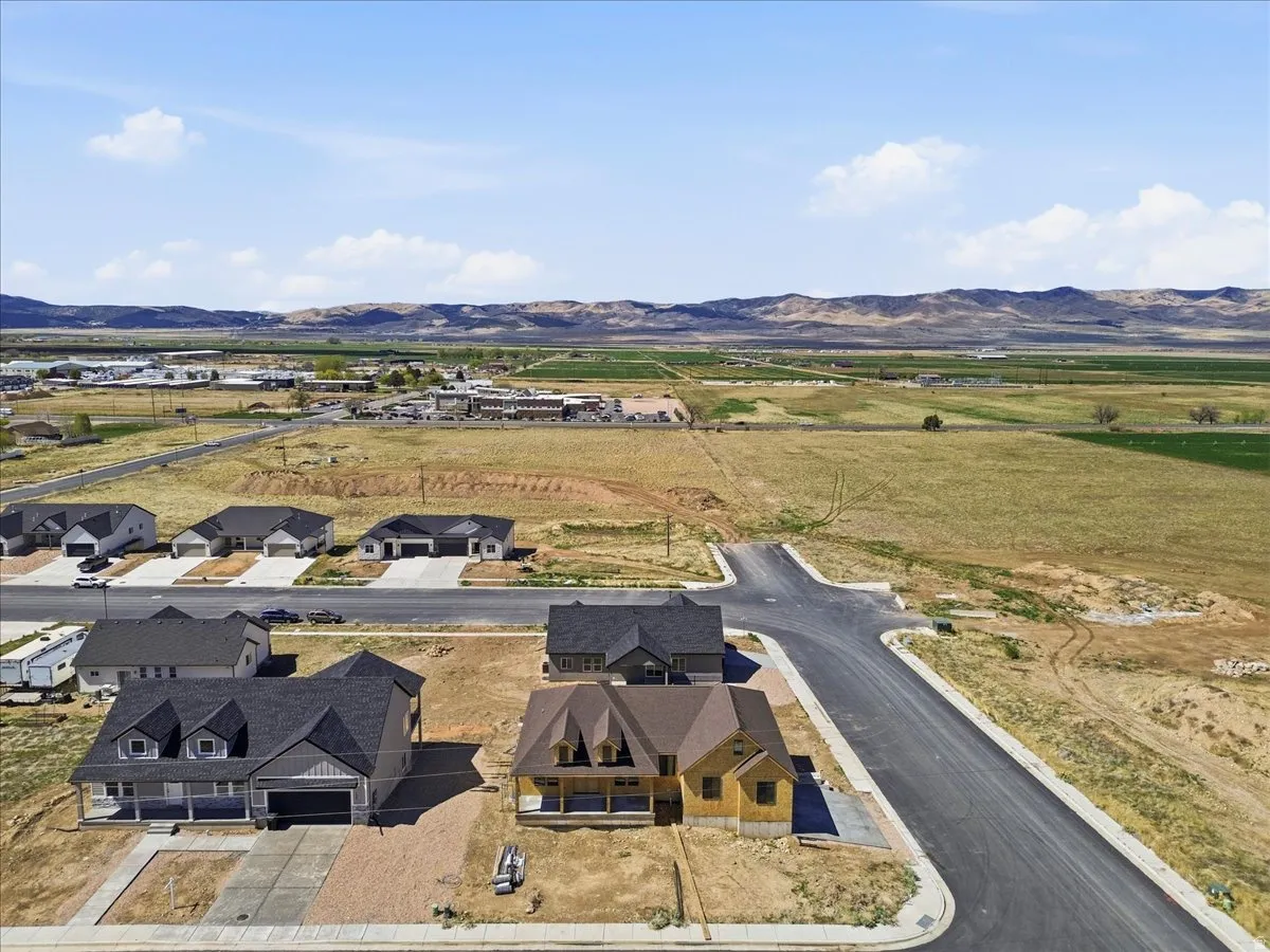 Aerial view of residential area with a mountain backdrop