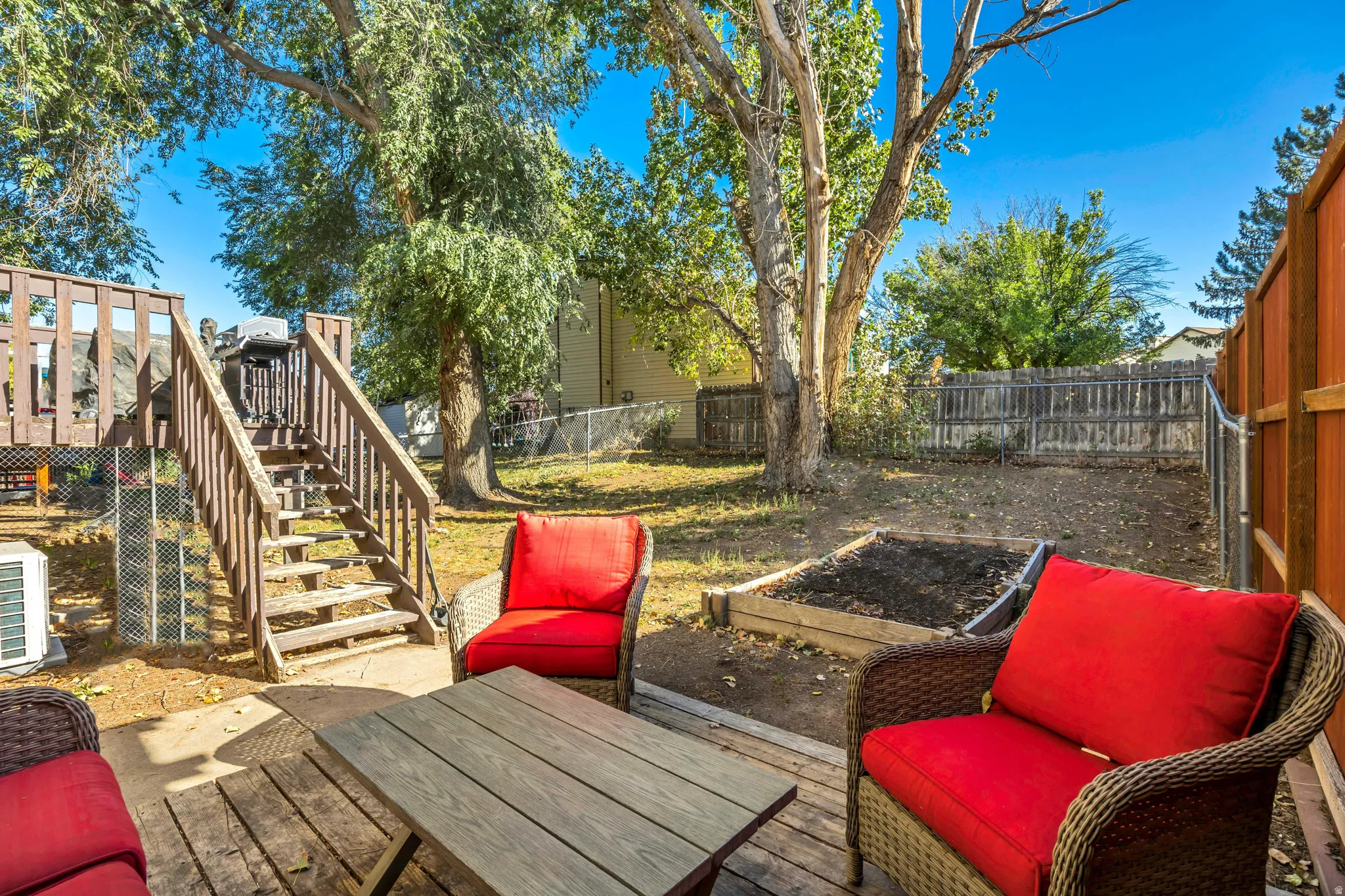 Deck featuring a fenced backyard and stairs