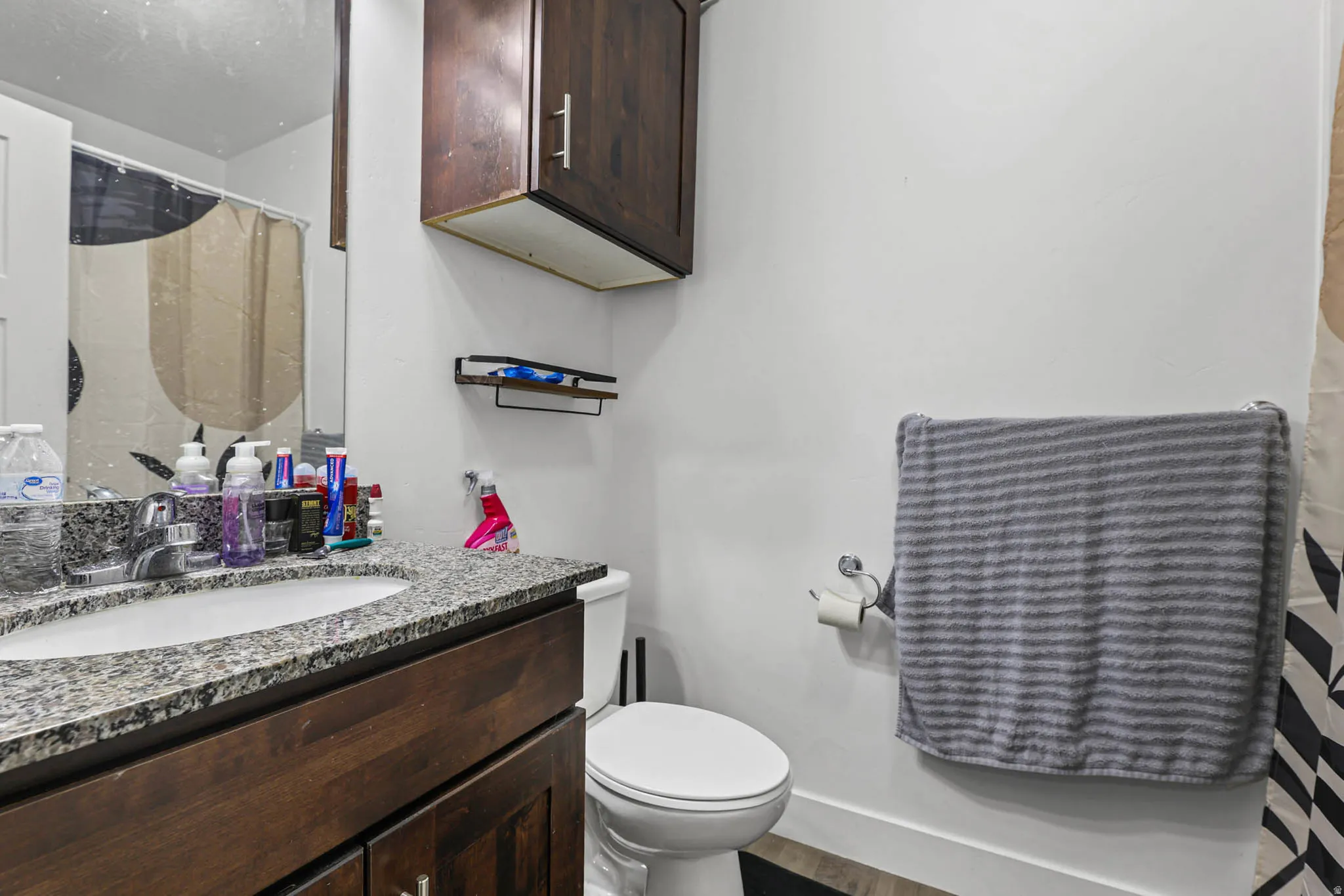 Bathroom featuring vanity, a shower with curtain, and light wood-style floors