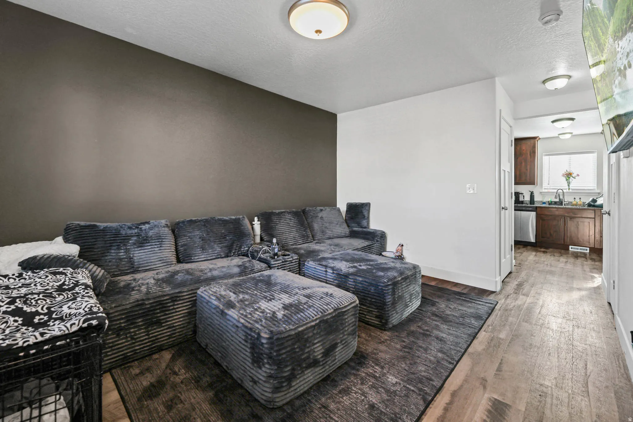 Living room featuring dark wood finished floors and a textured ceiling