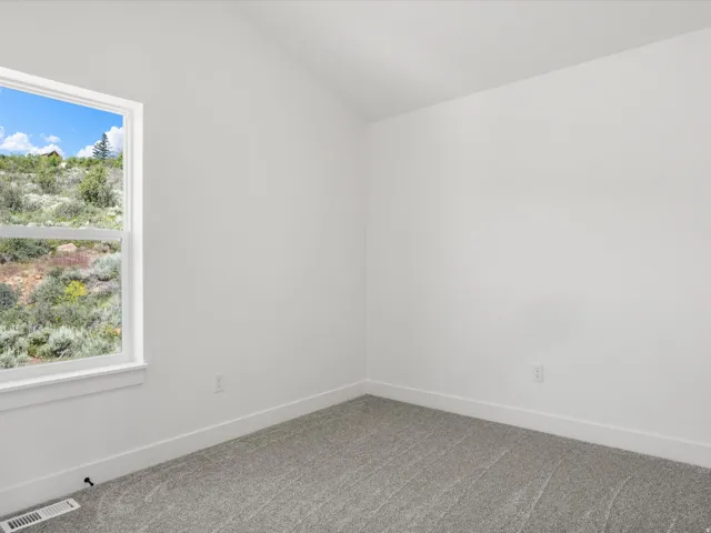 Room featuring a single double-hung window, sloped ceiling, light gray carpeting, crisp white walls, and white baseboards