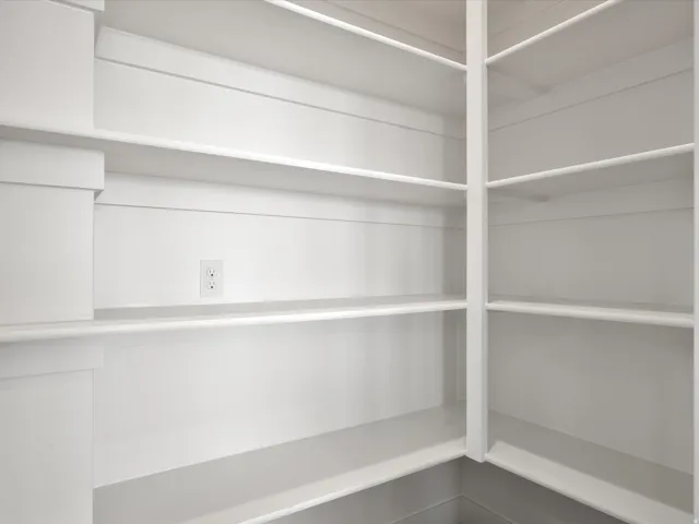 Pantry featuring extensive built-in shelving, white painted finish, and integrated electrical outlet