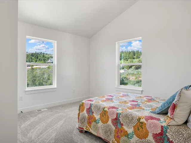 Bright interior space featuring two large windows, a vaulted ceiling, light gray carpeting, and white baseboards