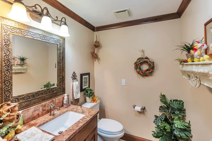 1/2 Bathroom featuring crown molding and vanity