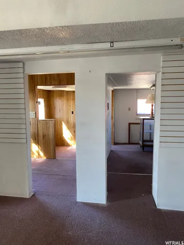 Hall featuring carpet and wood walls