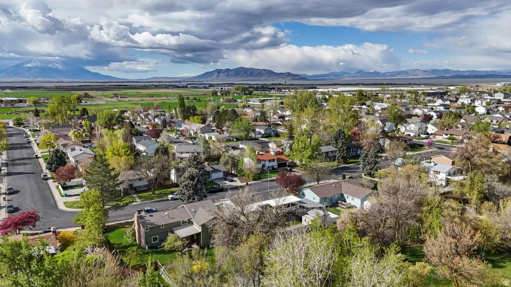Aerial perspective of suburban area featuring a mountainous background
