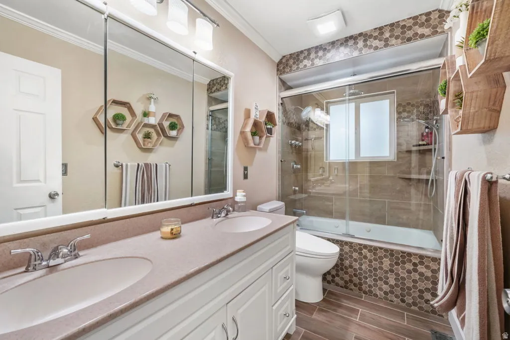 Full bath featuring double vanity, HEATED bidet toilet, shower / bath, Just off the Master