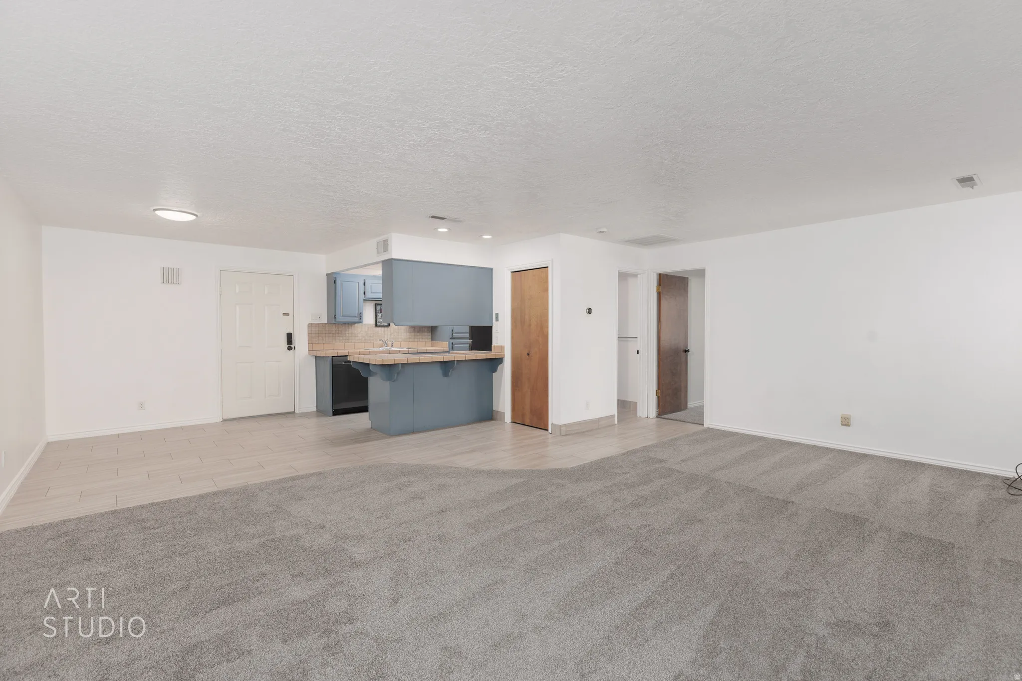 Unfurnished living room featuring light carpet and a textured ceiling