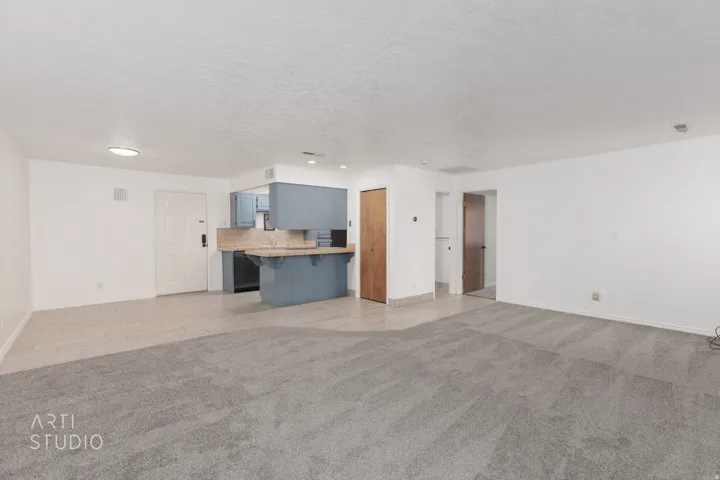 Unfurnished living room featuring light carpet and a textured ceiling