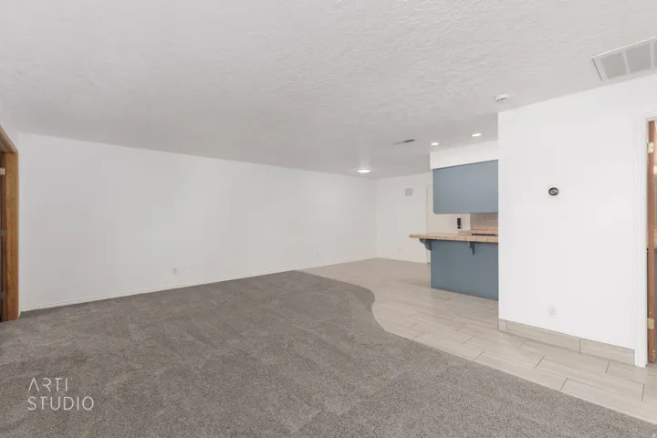 Unfurnished living room featuring a textured ceiling, light colored carpet, and wood finish floors