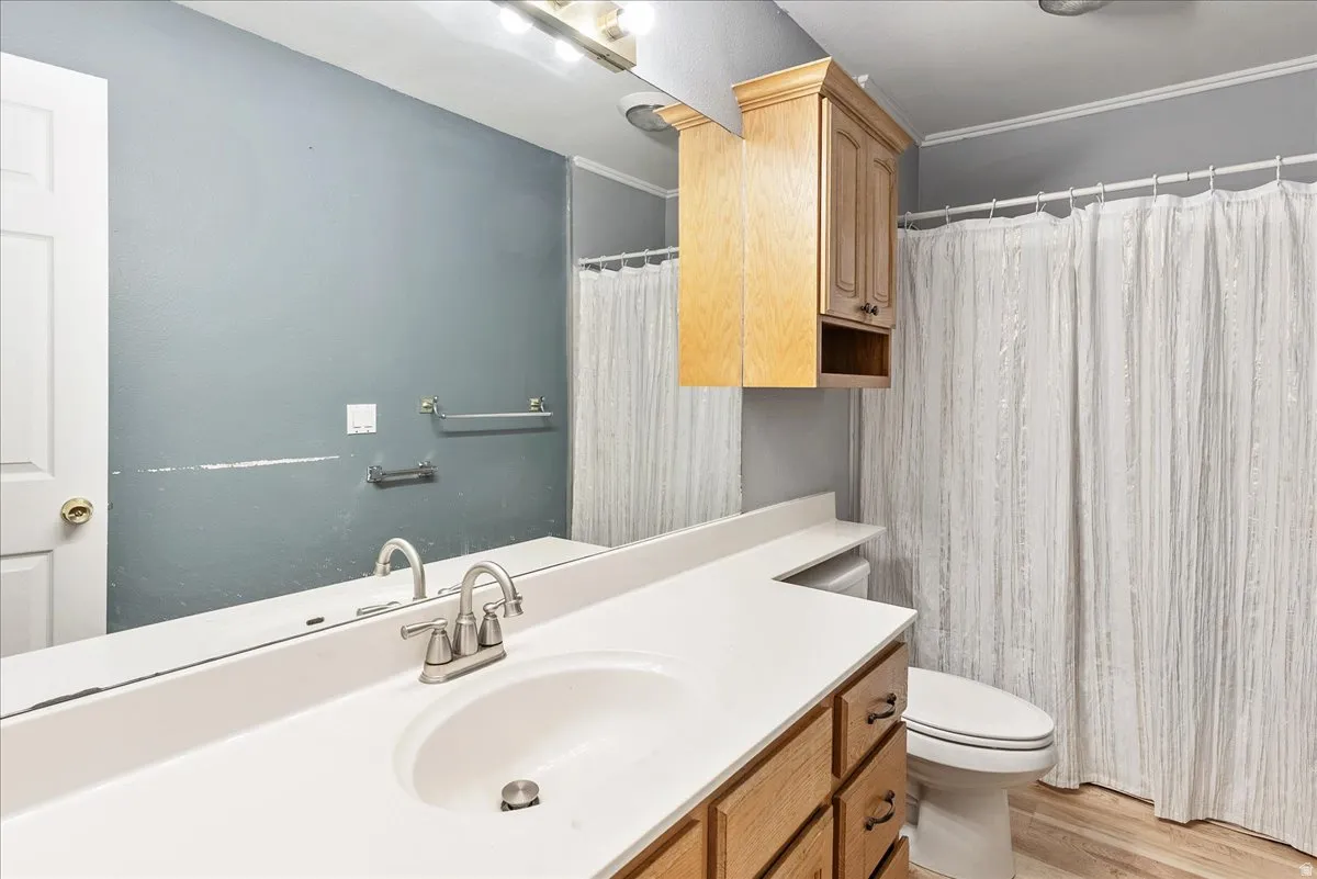 Bathroom featuring vanity, light wood-style flooring, and a shower with curtain