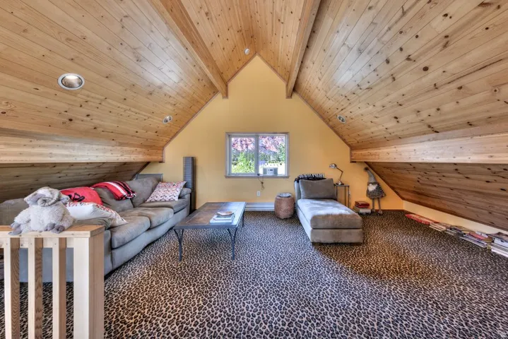 Carpeted living room with wooden ceiling and recessed lighting