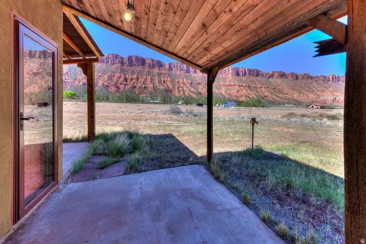 View of patio / terrace featuring a mountain view