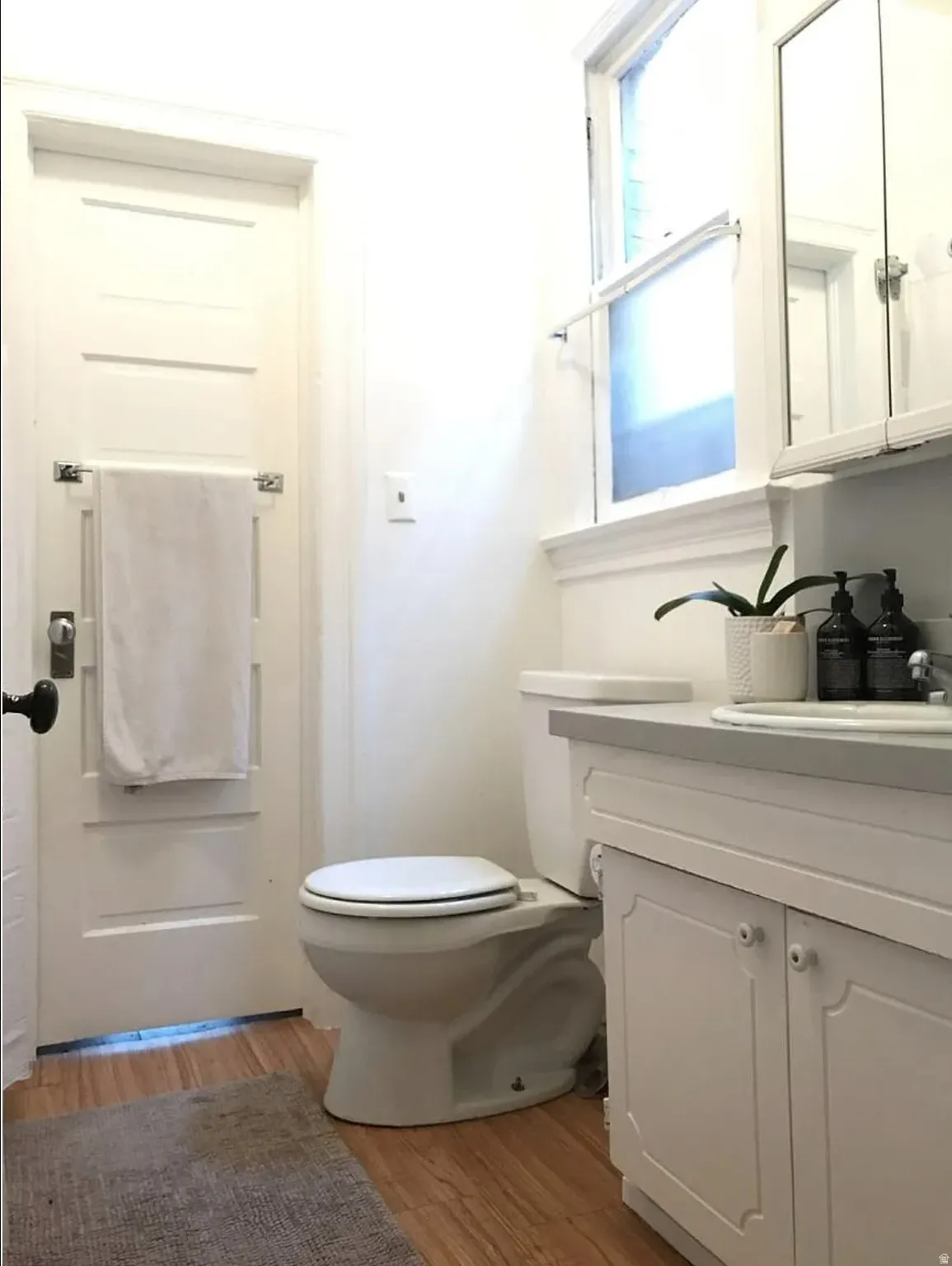 Bathroom featuring light wood-style flooring and vanity