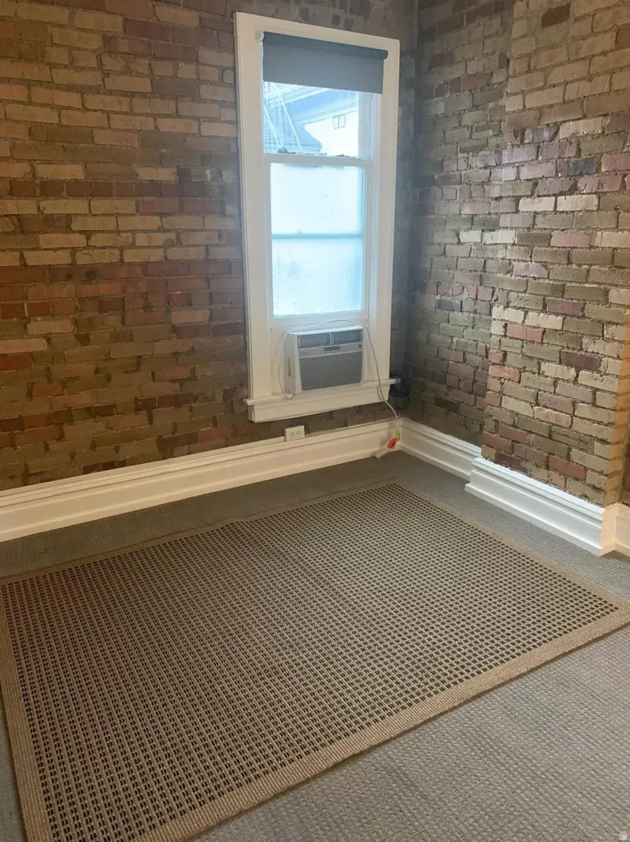 Detailed view of brick wall and carpet