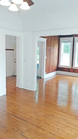 Spare room featuring light wood-style flooring, plenty of natural light, a ceiling fan, and wood walls