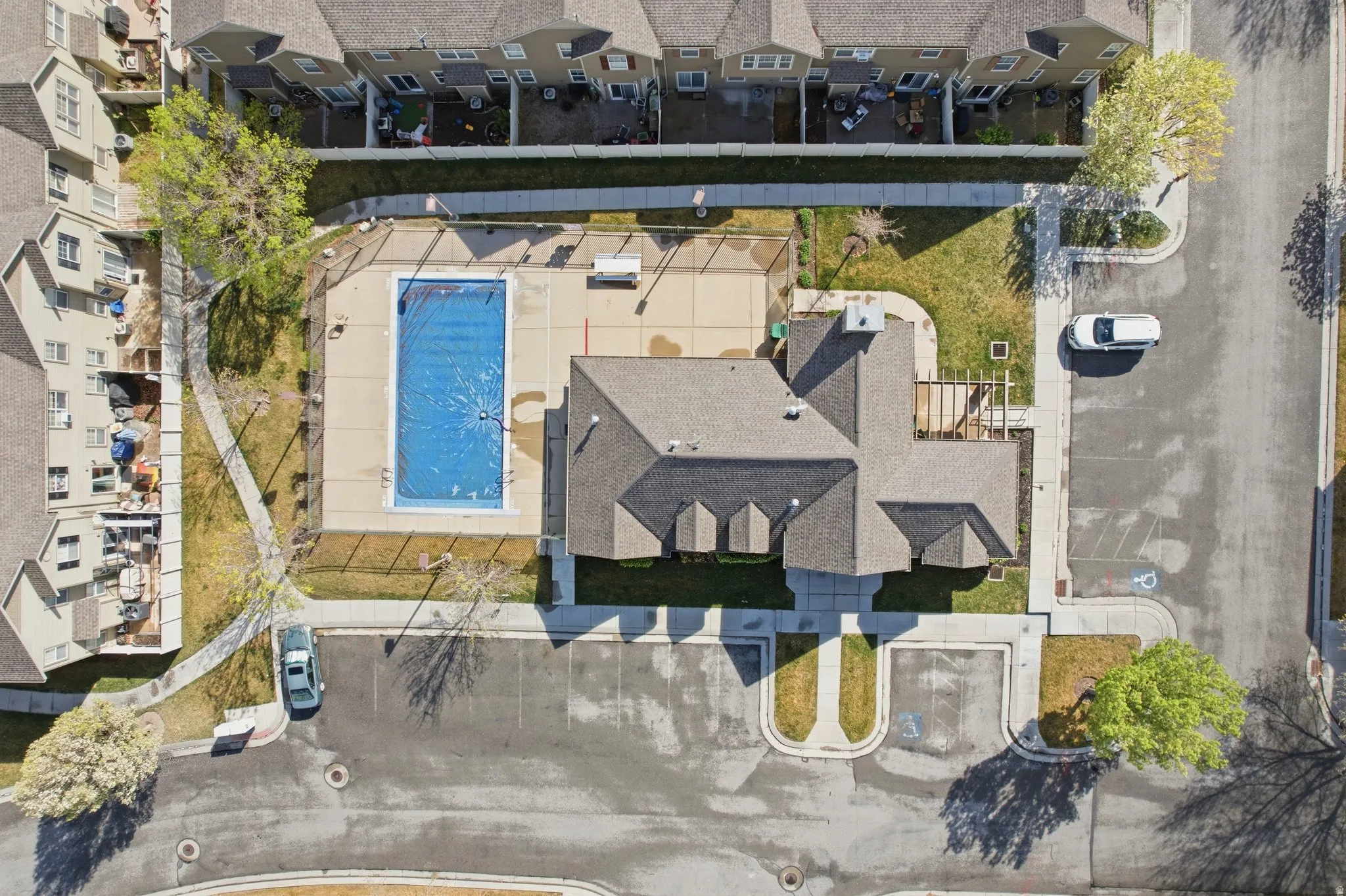 Drone / aerial view of a pool area