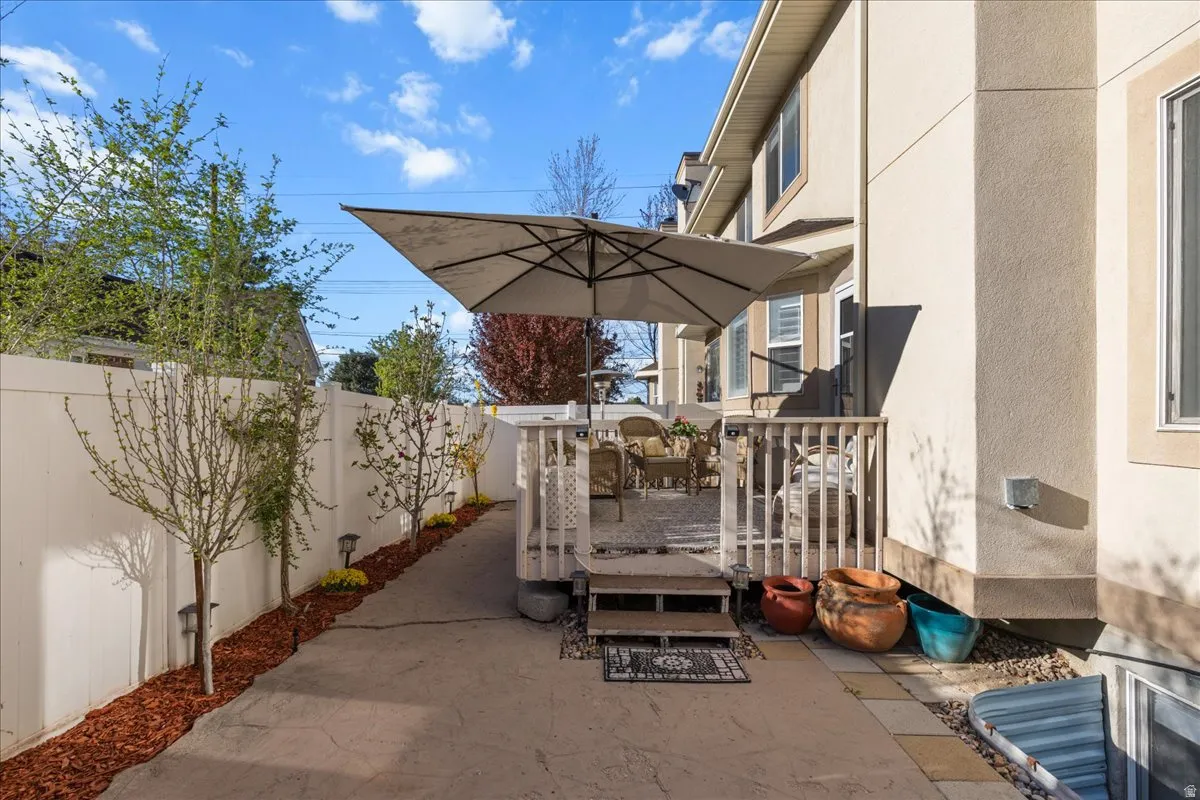 Fenced backyard with a wooden deck