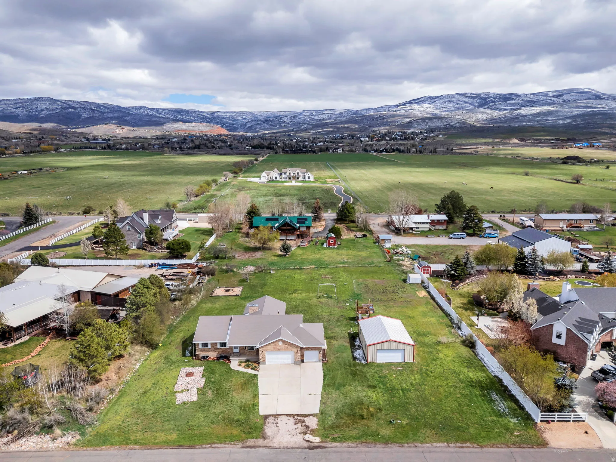 Aerial view of residential area with mountains