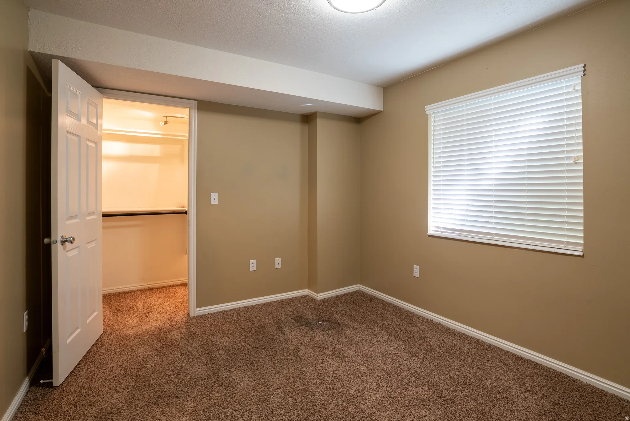 Unfurnished bedroom with a walk in closet and dark colored carpet