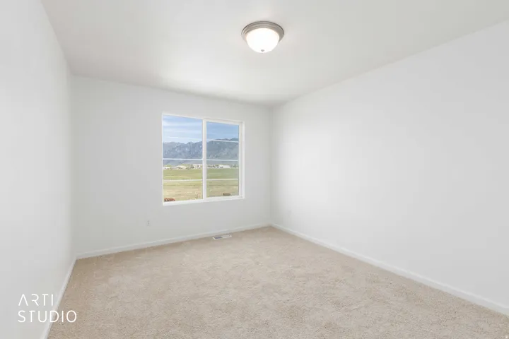 Unfurnished room with a mountain view and carpet flooring