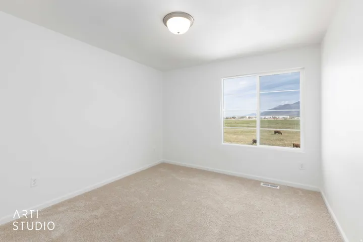 Carpeted empty room with baseboards and a mountain view