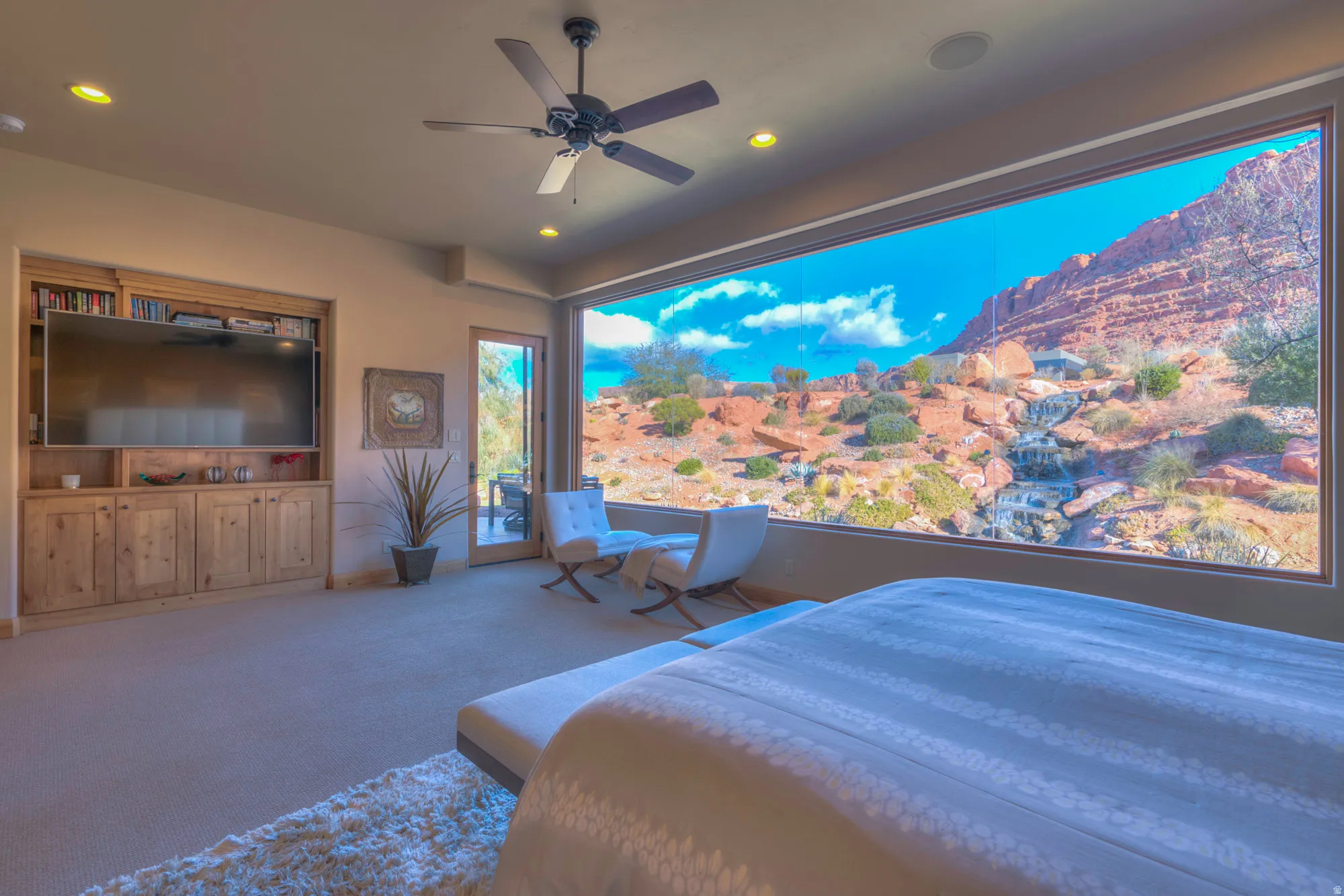 Bedroom featuring access to outside, carpet floors, a ceiling fan, and recessed lighting