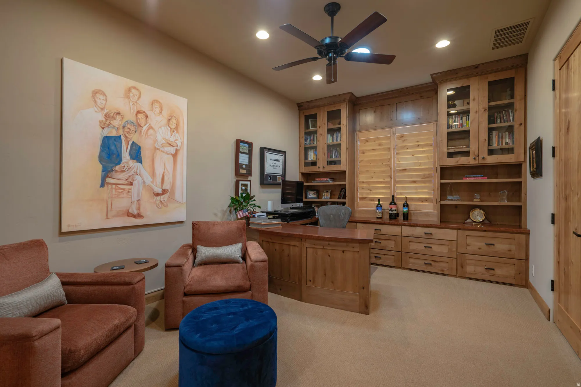 Office area with recessed lighting, light colored carpet, and a ceiling fan
