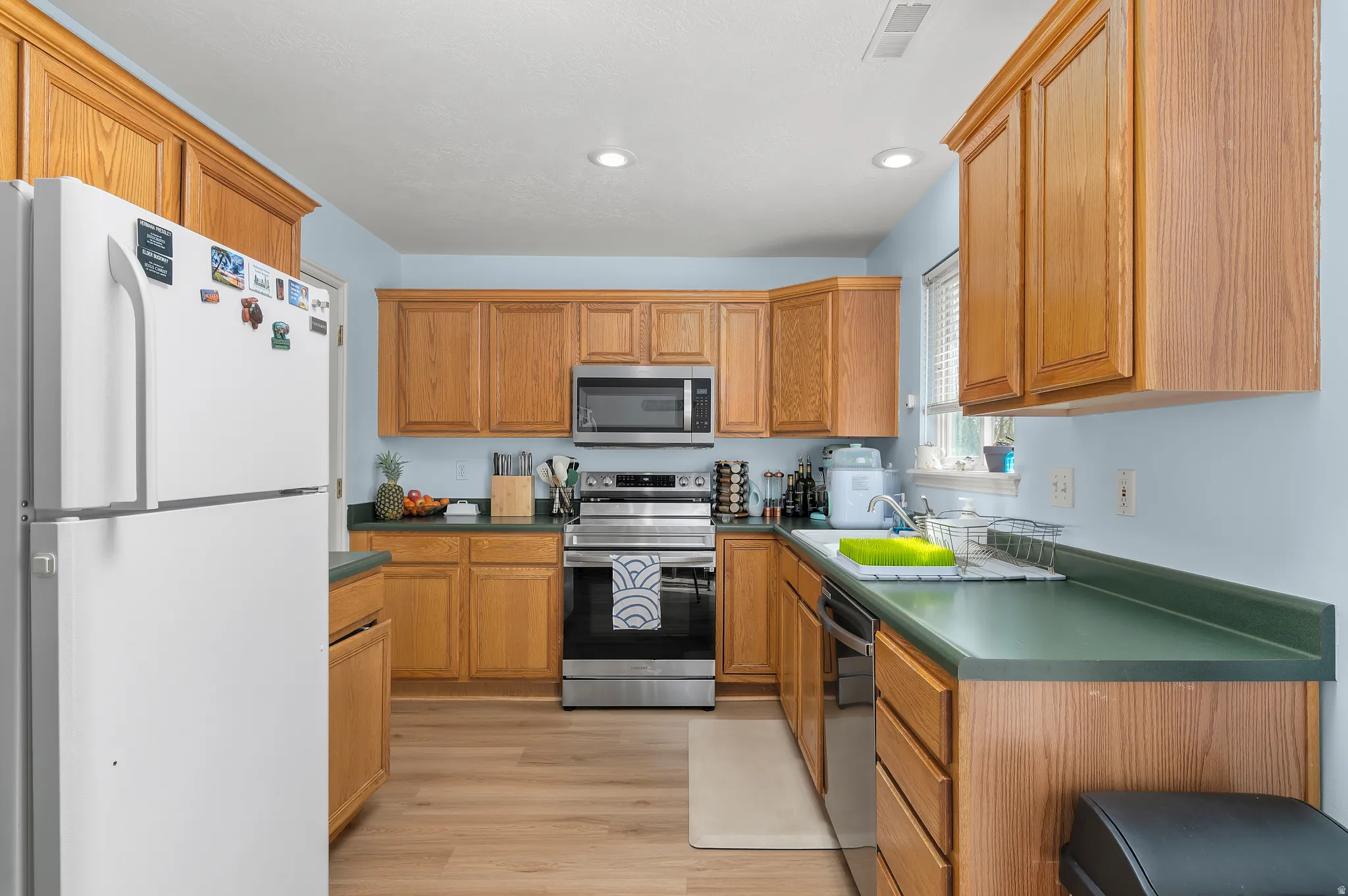 Kitchen with stainless steel appliances, dark countertops, light wood-style floors, wood finish cabinets, and recessed lighting
