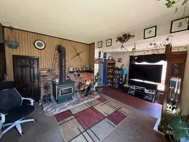 Living area featuring a textured ceiling and a wood stove