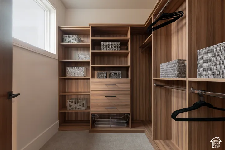 Walk in closet with light carpet