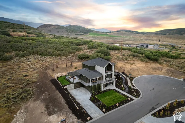 Aerial view at dusk of a mountain view