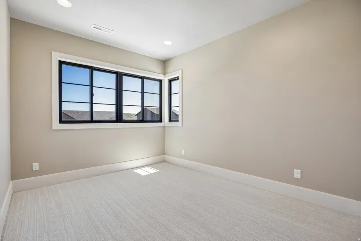 Window wall featuring black-framed windows, white trim, and light-toned carpeting