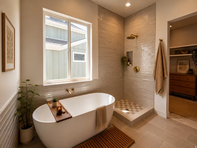 Freestanding soaking tub with wall-mounted brass fixtures, a walk-in shower featuring subway tile and a decorative floor, and recessed lighting
