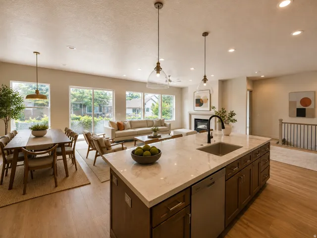 Spacious open-concept interior featuring wood-finish flooring, a kitchen island with an undermount sink and light-toned countertop, and a living area with a fireplace