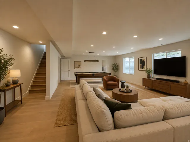 Recessed lighting, wood-finish flooring, staircase with wood treads, multiple windows, and a built-in entertainment console