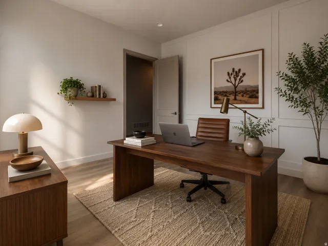 Light-toned wood-finish flooring, accent wall with decorative paneling, floating wood shelf, recessed ceiling lighting, and a solid core door
