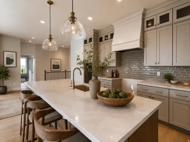 Kitchen featuring an expansive island with a light-toned countertop, a contemporary gold-finish faucet, subway tile backsplash, and upper cabinetry with glass inserts