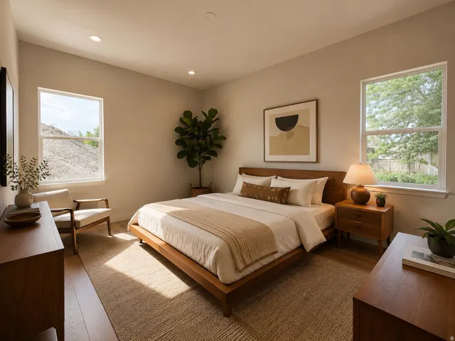 Recessed ceiling lighting, two windows, wood-finish flooring, and light-toned walls