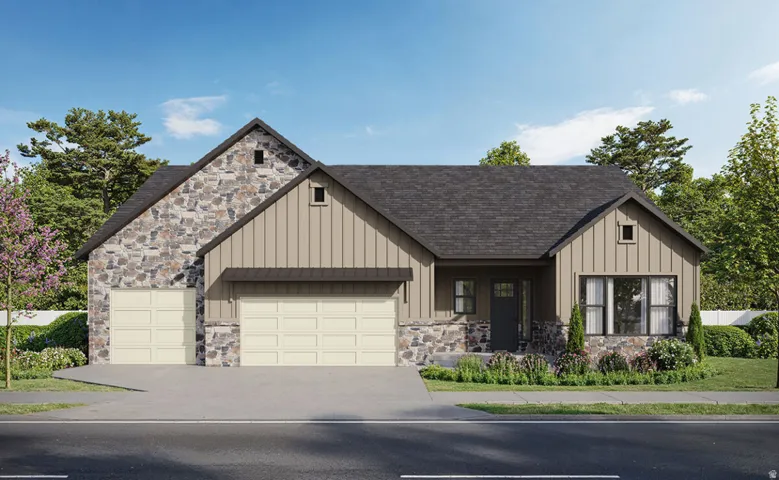 View of front of home featuring an attached garage, board and batten siding, stone siding, and driveway