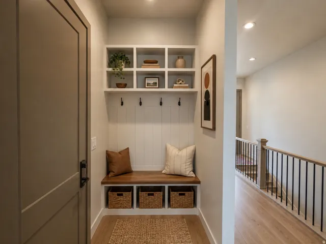 Built-in mudroom bench with storage, upper shelving, and coat hooks