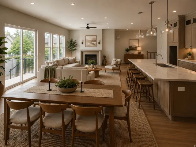 Open-concept living space featuring wood-finish flooring, a fireplace with a stone surround, and recessed lighting
