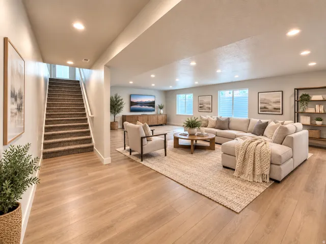 Spacious room featuring wood-finish flooring, recessed lighting, multiple windows, and a carpeted staircase
