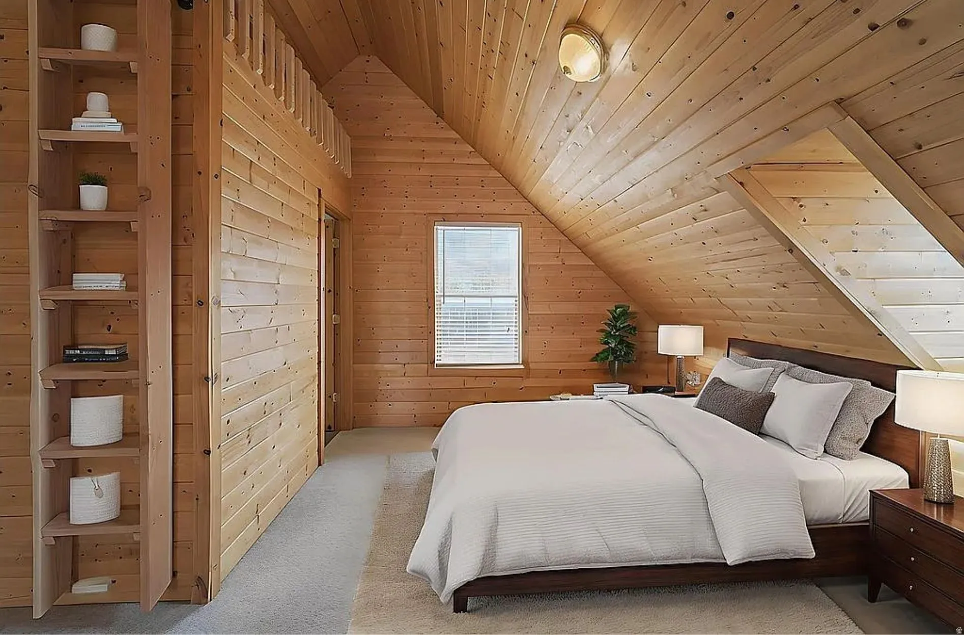 Carpeted bedroom with a vaulted wooden ceiling and wood walls
